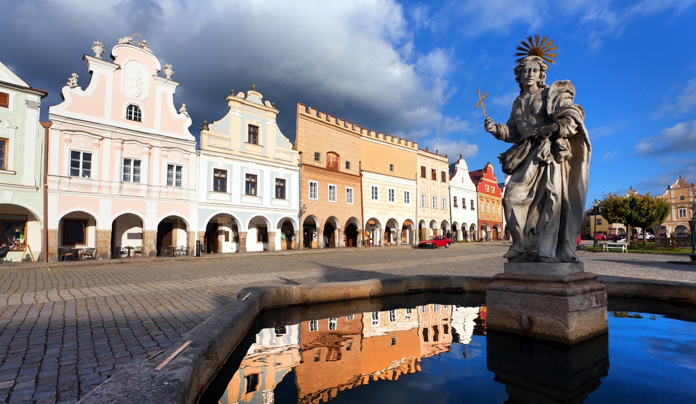view of statue of st. Margaret on Telc or Teltsch town square, Czech republic. World heritage site by unesco